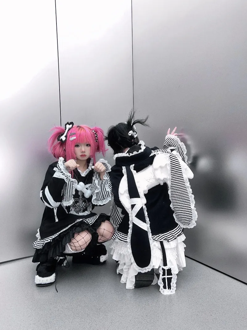 Japanese Original Subculture Warm Cartoon Ear Tie Sweatshirt Hot Girl Cute Lace Zipper Long Sleeved Loose Hoodies Jacket Ladies