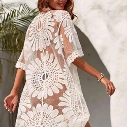 Women Beach Swimsuit Cover Up 3/4 Sleeve Embroidery Sunflower Pattern Lace Kimono Cardigan V-Neck Ties Front Swimwear