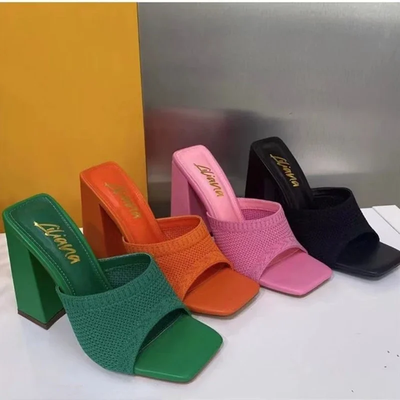 Square Toe Platform Slides Women Summer Solid Color Chunky High Heels Sandals Woman Pu Leather Slippers Square Heeled Flip Flops