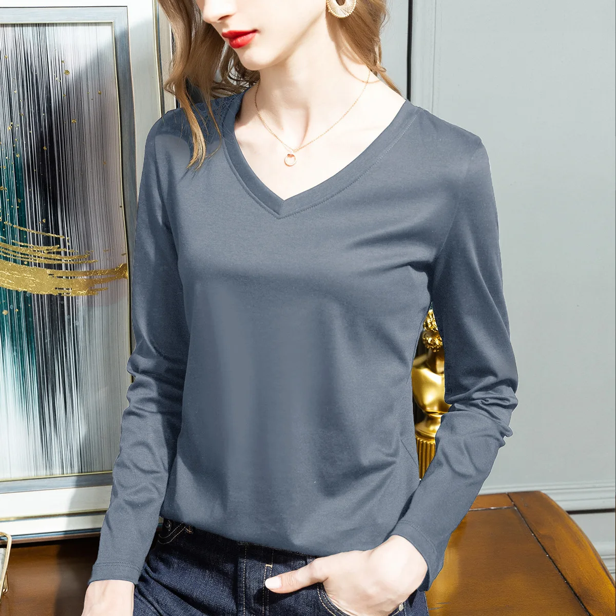 Boweylun New Women Double-sided Mercerized Cotton Long-sleeved T-shirt Spring Skin-friendly Breathable Solid V-Neck Slim Top