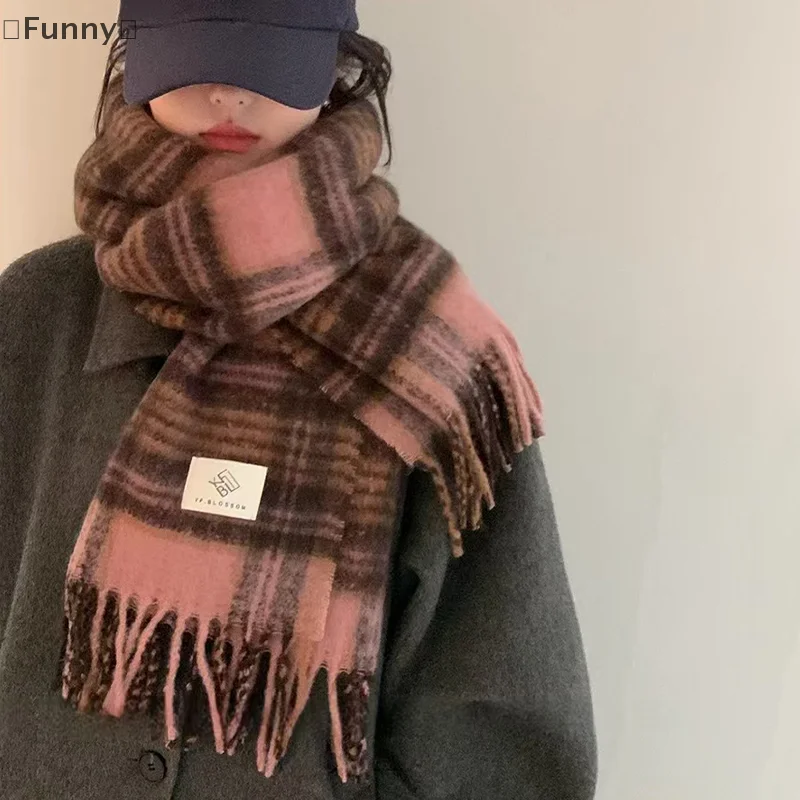〔Lucu〕 Syal Pasangan Baru Musim Gugur dan Musim Dingin Syal Tebal Hangat Wanita Syal Leher Kotak-kotak Gaya Retro Santai