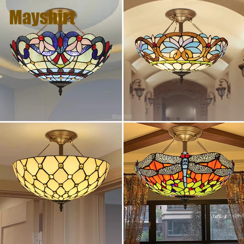

Tiffany Ceiling Lights Vintage Baroque Stained Glass Ceiling Lighting Living Room Decoration Bedroom Kitchen Led Hanging Lamp