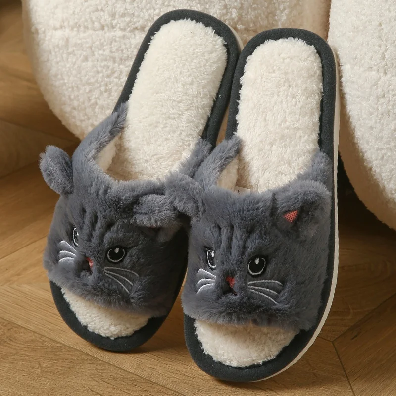 Cute Cat Plush Flip Flops For Women Men Warm Fuzzy Thong Slippers Cartoon Animal Indoor House Slippers Soft Thick EVA Sandals view 4