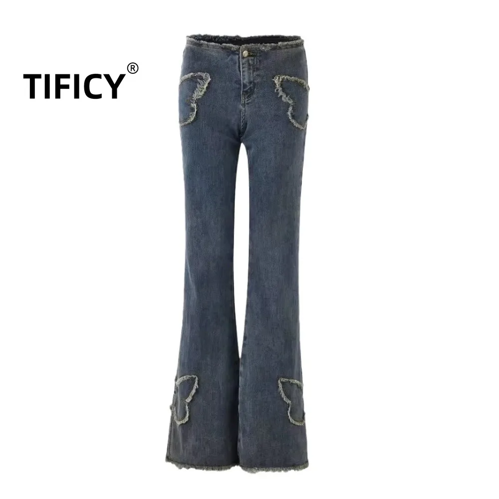 

Denim Pant Women's Butterfly Embroidered Retro Highlighting Millennium Hot Girl Y2k Slimming Cowboy Low Waist Bellbottom Pants