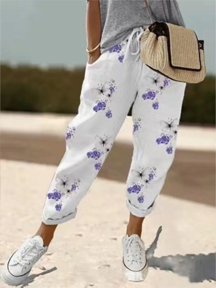 2024 Women Spring Summer Cropped Pants Elastic Waist Drawstring Retro Thin Flower Print Fashion Loose Stripe Pocket Pants