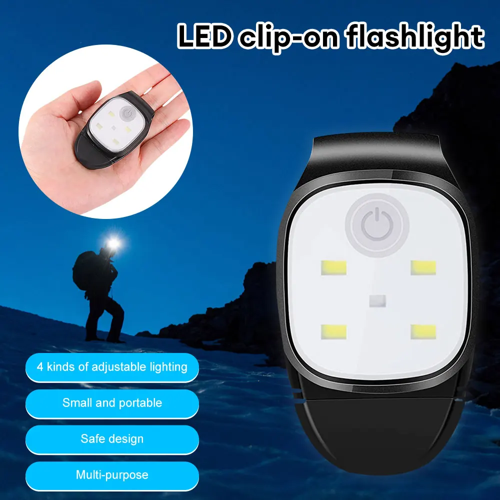 LED Clip Flashlight 4 Lighting Modes USB Rechargeable Clip On Light Safety Warning Running Lights for Night Walking Fishing