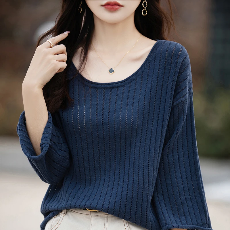 

Женская хлопковая трикотажная футболка с круглым вырезом, ажурными рукавами и спущенными плечами, летняя модная повседневная удобная дышащая модель.