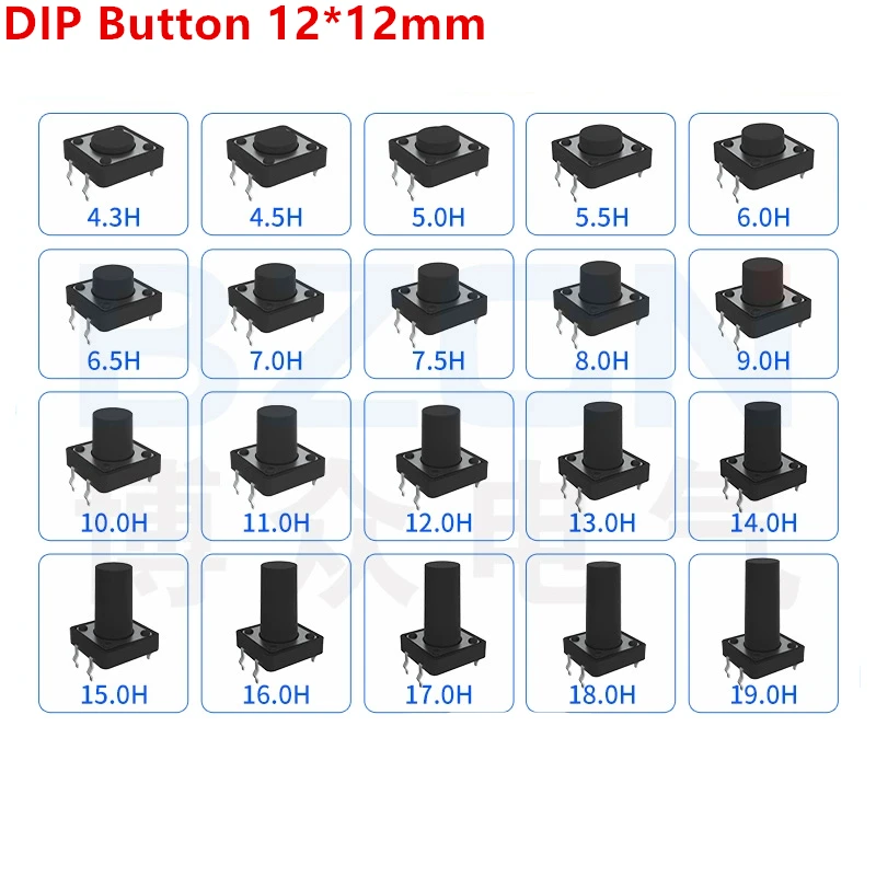 20szt Panel PCB On Off Chwilowy dotykowy mikroprzełącznik przyciskowy DC 12V 4-pinowy DIP 12x12 H=5/6/7/8/9/10/12/13/15/16mm