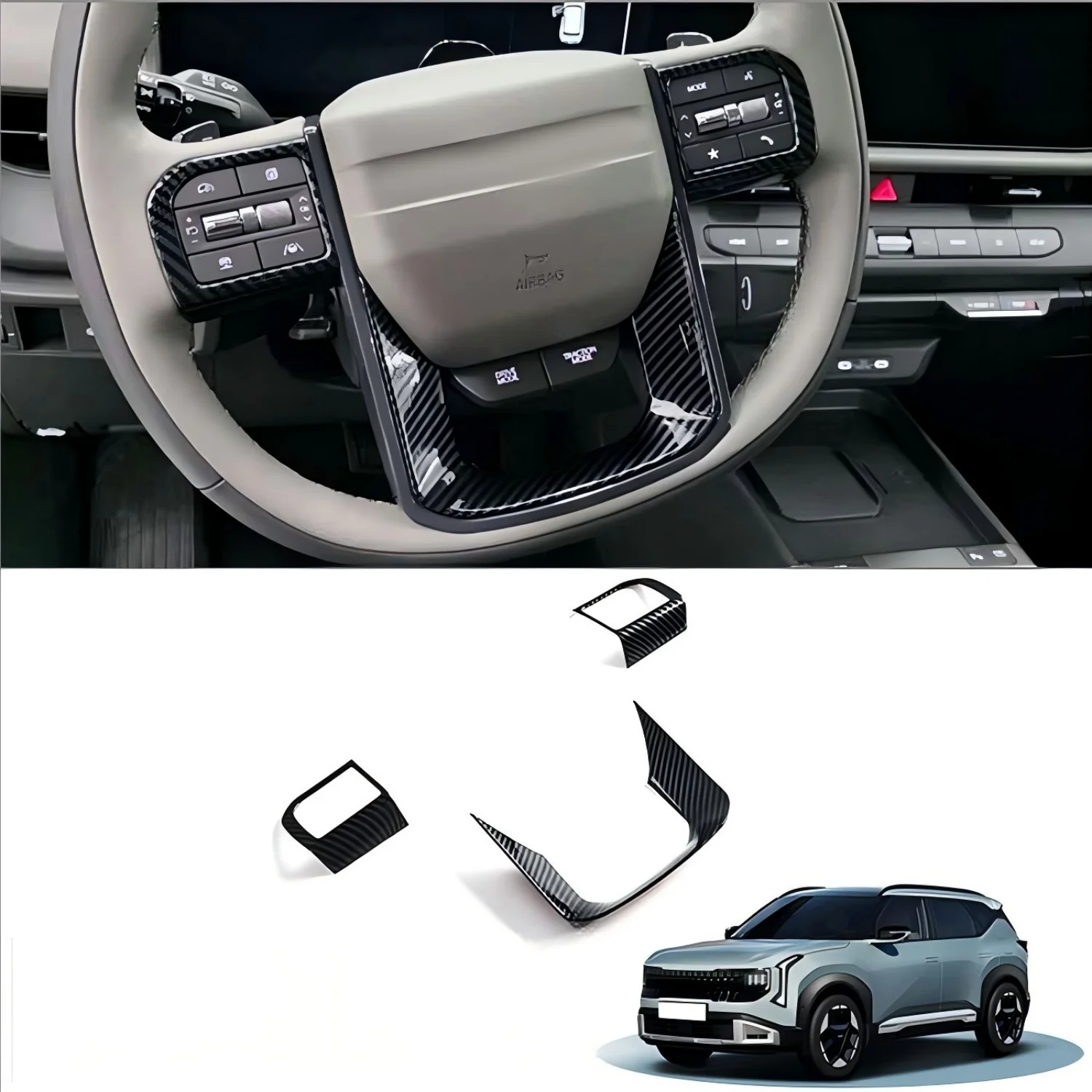For Kia Seltos SP3 2026 Car Accessories Steering Wheel Trim Cover Trim Sticker ABS Carbon Fiber Black 3pcs