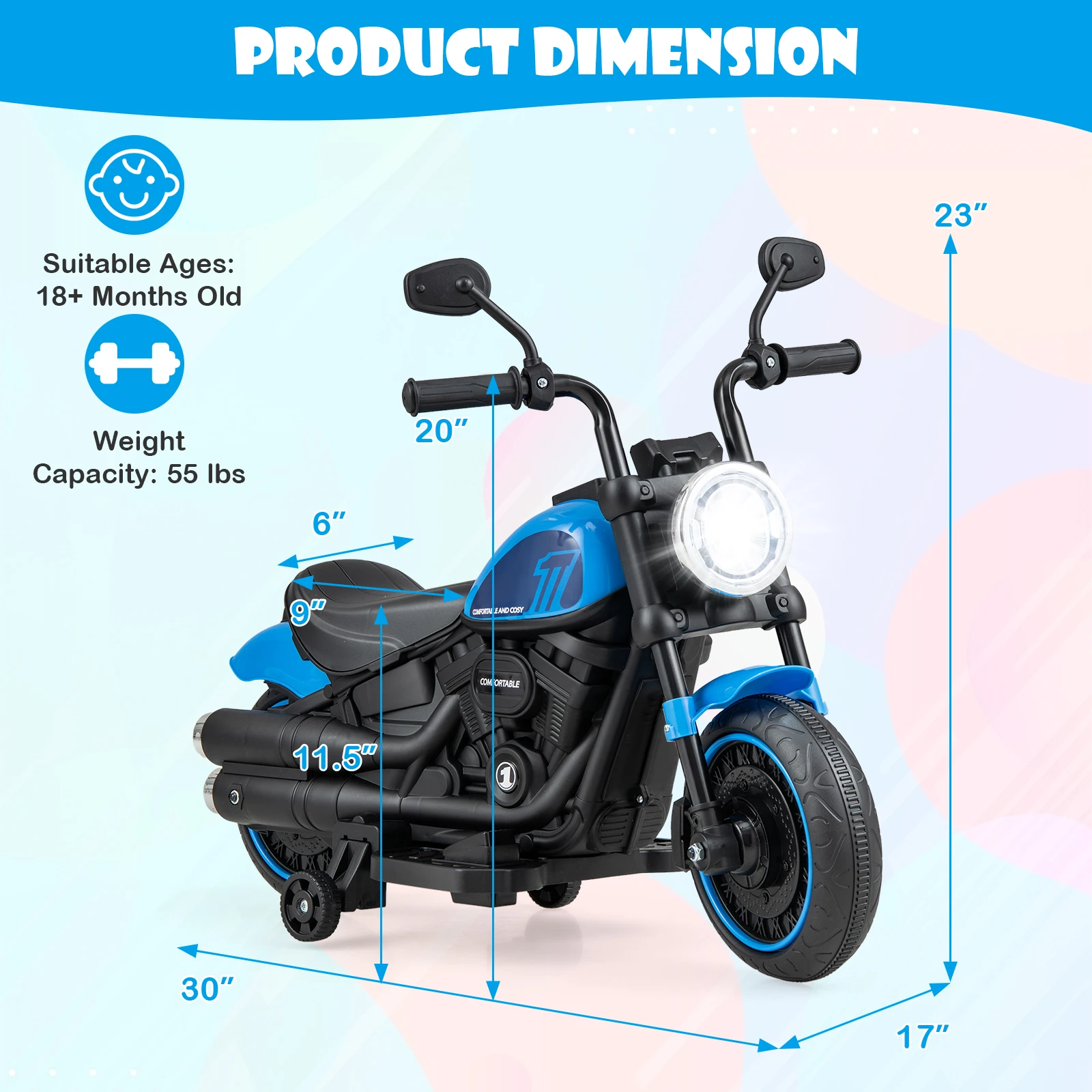 6V Kids Electric Motorcycle w/ Training Wheels LED Headlights Music Board Blue