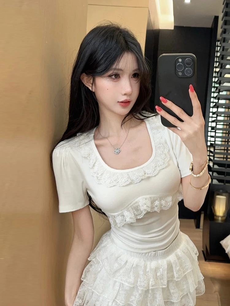 

White Lace Trim Splice U Neck Short Sleeve T Shirt Women Summer Pure Desire Spicy Slim Fit Top Versatile Casual Daily Wear