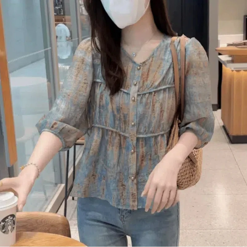 Comfortable Commute V-Neck Women\'s Clothing Button Up Cardigan Lantern Long Sleeve Chiffon T-shirt Elegant Spring Summer Tops