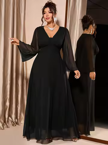 Plus Size V-Neck Flowy Long Sleeve Evening Dress in Black