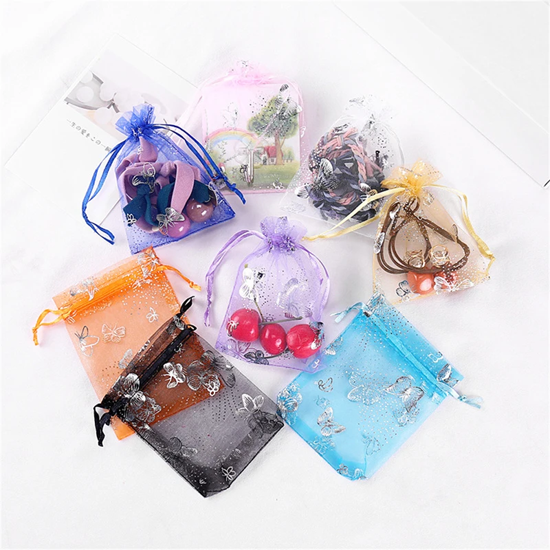 100pcs 10*12cm Organza Bags Silver Color Butterfly Printed Jewelry Wedding Party Drawable Packaging Display & Gift Pouches