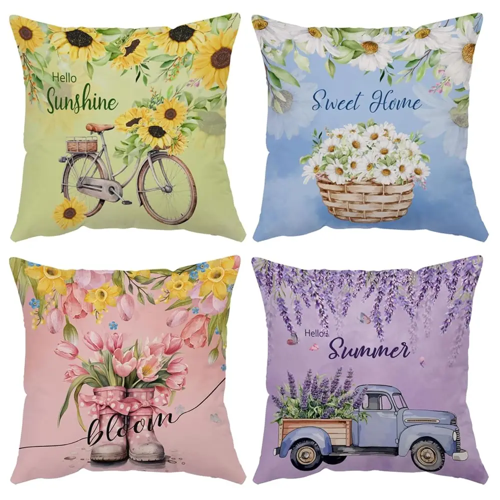 

Spring Summer Pillow Covers 24X24 Set Of 4 Floral Throw Pillow Covers Hello Sunshine Colorful Flower Cushion Covers Square Soft