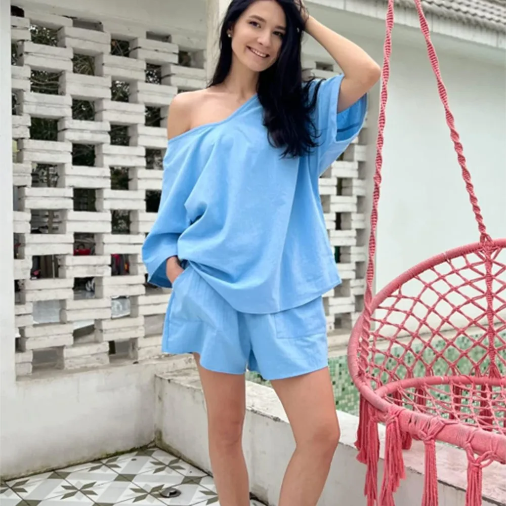 

Summer New Sports Shorts Cotton Linen Two-piece Set For Women's Summer Casual Short Sleeved Shirt Top Vacation Shorts Set Female