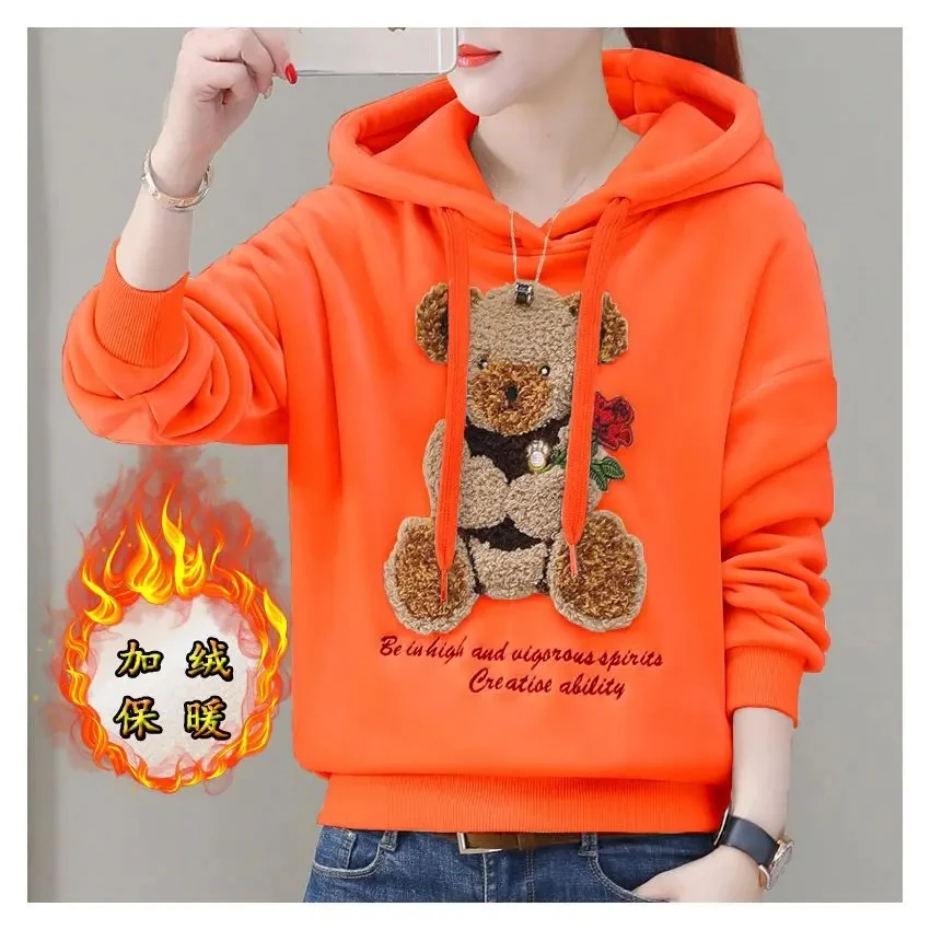 2024 Autumn Winter New Golden Velvet Hooded Sweatshirt Women\'s Thickened Double Sided Velvet Top Embroidered Loose Coat Female