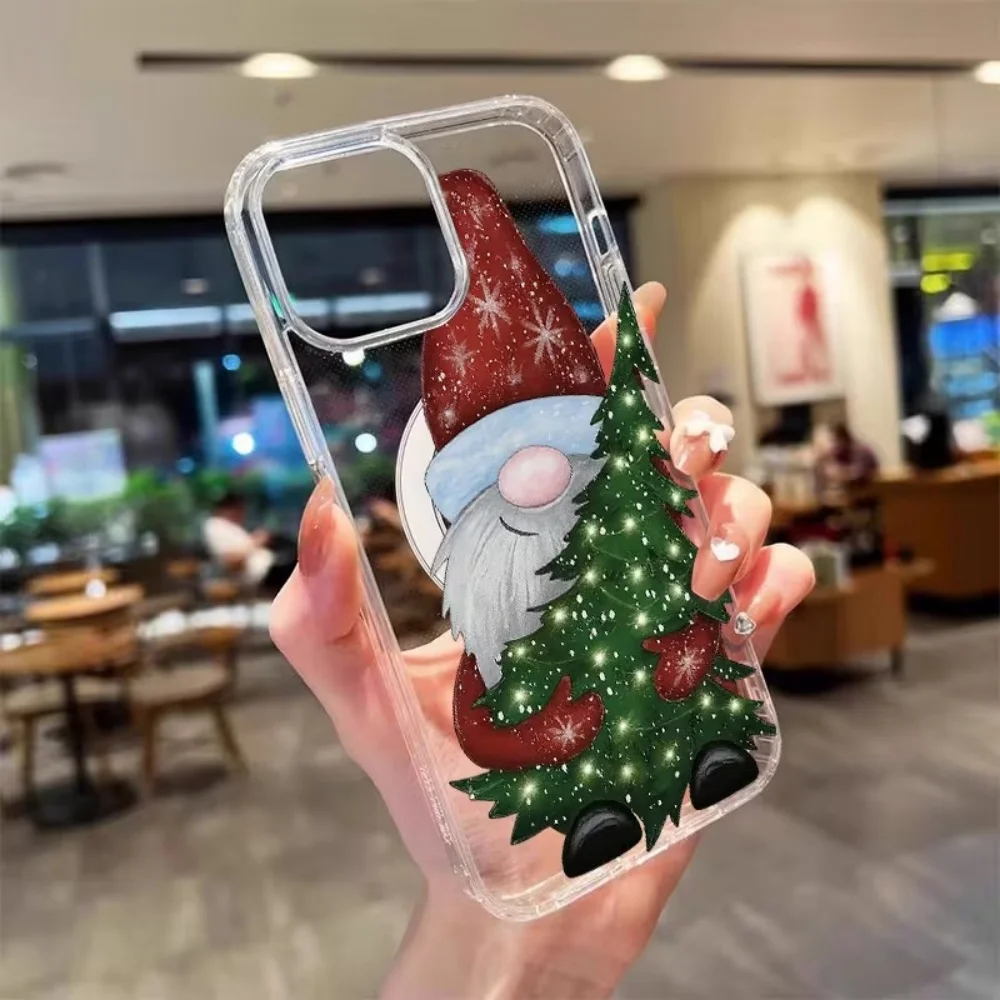 Cute Santa Claus Holding Xmas Tree Clear Acrylic+TPU Phone Case For iPhone 18 17 16 15 14 13 12 11 Pro Max Plus XR Magsafe Cover - view 4