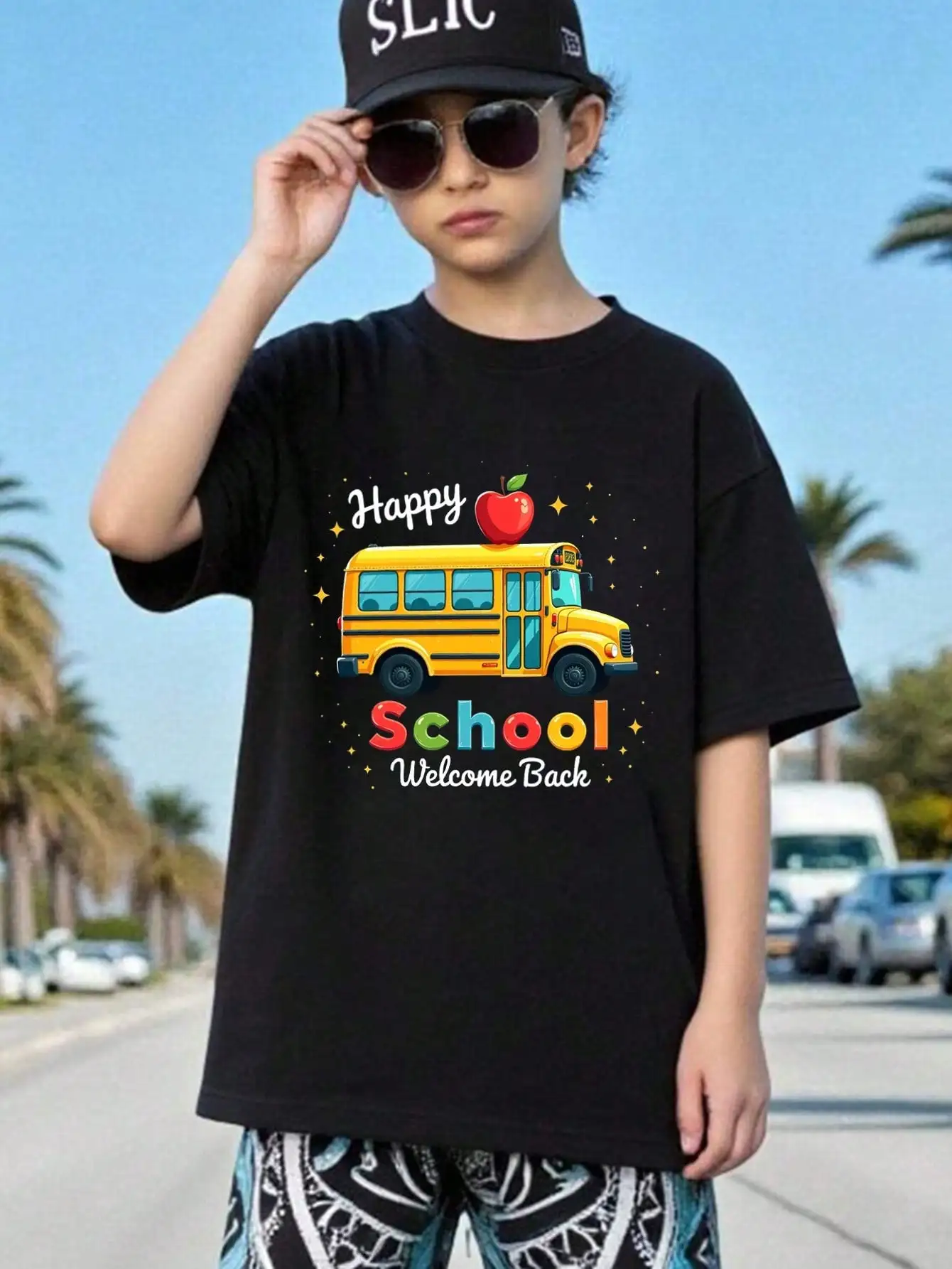 

Boys/Girls School Bus & Apple Theme Back To School Cotton Graphic Tees, Black Casual Style With Fun And Colorful Print