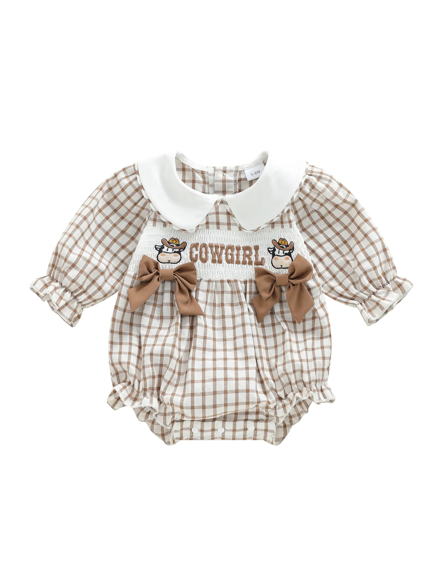 بذلة شتوية متقلب للفتيات الصغيرات مع ياقة دمية وتطريز بقرة لطيفة وأكمام طويلة وطباعة حروف للخريف