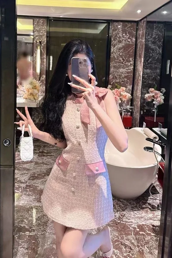 

French Pink Boucle Sleeveless Dress 2025 Summer Mini Elegant Versatile Tweed Shift A-Line Luxury Casual Dress Women's Outfits