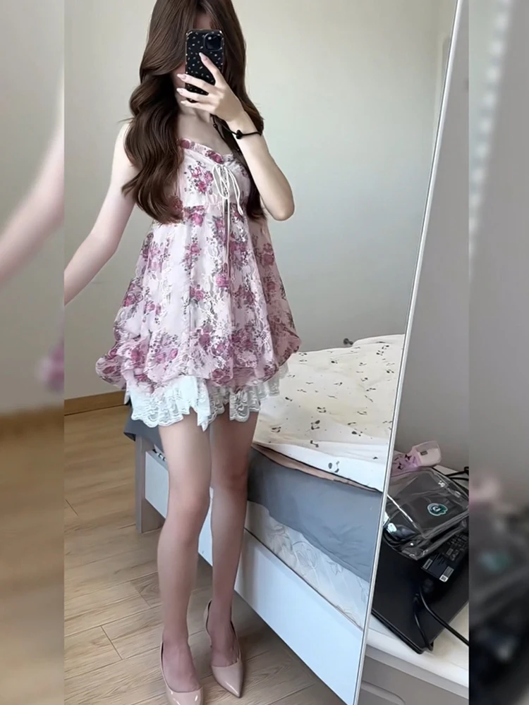 Doce floral impressão dr feminino verão 2025 nova renda emenda flor bud cinta ort saia cintura alta a linha dr