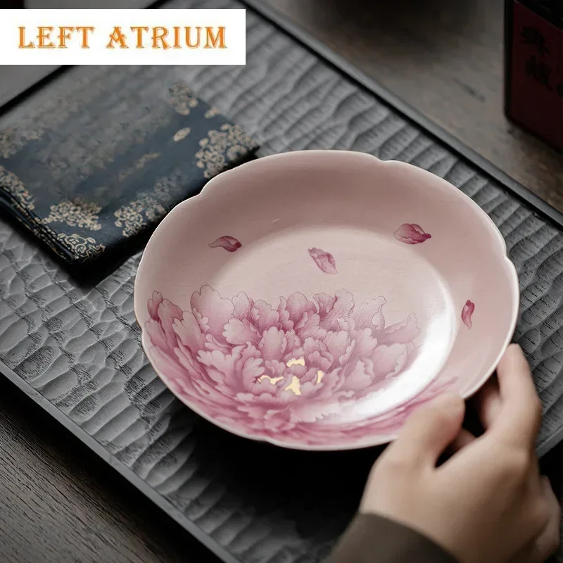

Pink Peony Flower Ru Kiln Porcelain Pot Bearing Holder Handmade Dry Brew Table Tea Tray Kung Fu Tea Chinese Tea Set Decoration