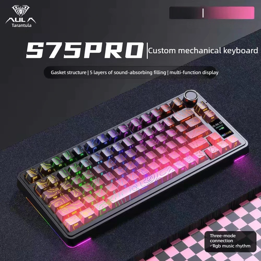 New AULA S75 PRO Wired Wireless Bluetooth Tri Mode Hot Swappable Mechanical Keyboard With Full RGB Backlight Volume Knob Gasket