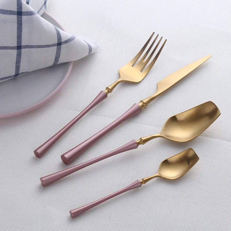 Matte Pink Gold Cutlery Sets 18/10 Stainless Steel Kitchen Dinnerware Set Spoon Fork Knife Flatware Tableware Sets