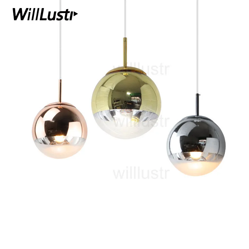 Modern Plated Glass Ball Pendant Light Copper Chrome Gold Globe Suspension Lamp Hotel Shop Mall Bar Cafe Hanging Lighting