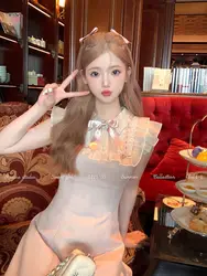 QWEEK Coquette Kawaii Pink Cute Lace Flying Sleeve Dress Sweet Girls Y2k Sleeveless Party Short Dresses Bow 2024 Summer