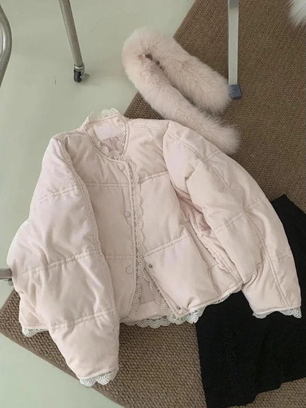 

Розовый рюш с отделкой или Bread Sle Jaet, женская свободная посадка, круглая теплая хлопковая верхняя одежда, корейская Sle Commute Faion