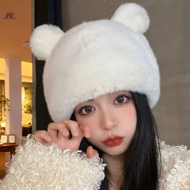 Winter Women Hat Warm Beanie Ear Caps Selfie Pullover Caps Fashionable Plush Caps