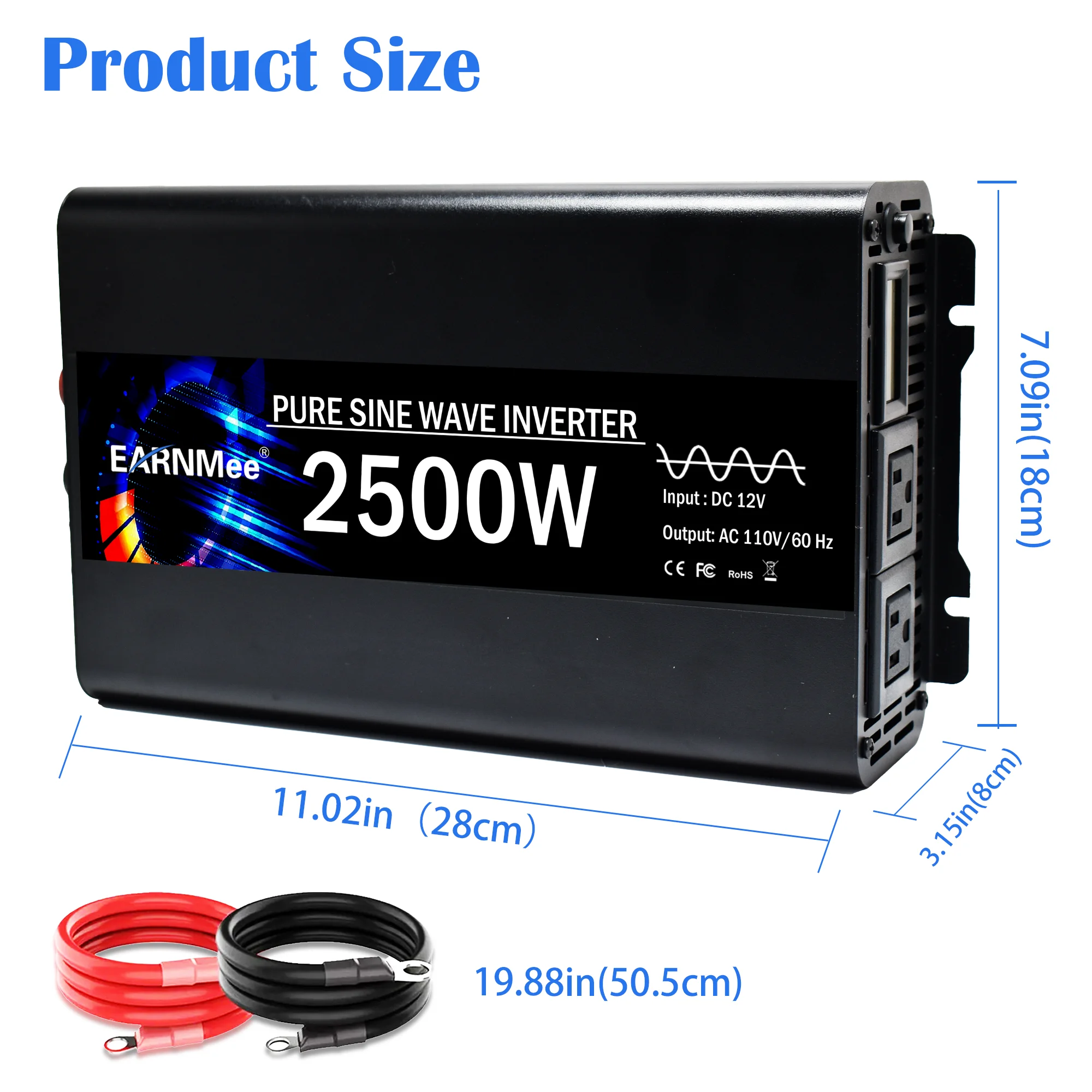 EARNMee 2.5KW 2500W 12V To 110V AC LCD Display Off-Grid Solar Pure Sine Wave Power Inverter For Car RV Outdoor Home