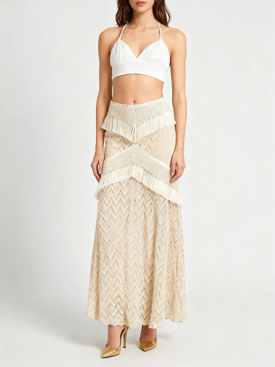 TWOTWINSTYLE Solid Slimming Sheer Spliced Tassels Knit Skirts for Women High Waist Elegant Long Skirt Female Autumn Clothing New