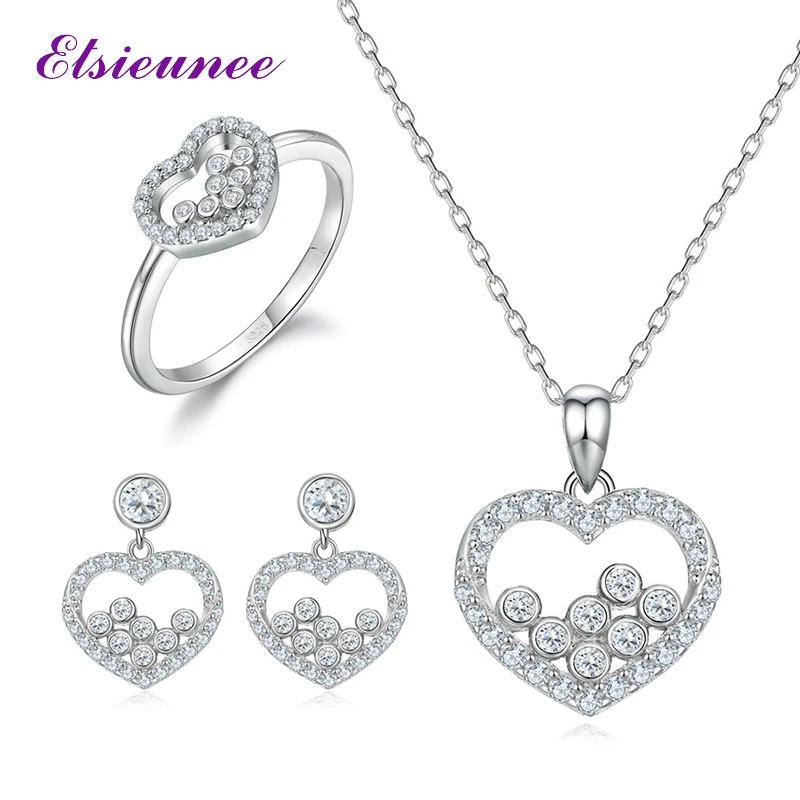 Romantic 925 Sterling Silver Heart Shape High Carbon Diamond Ring Earrings Necklace Jewelry Sets for Women Wedding Party Jewelry