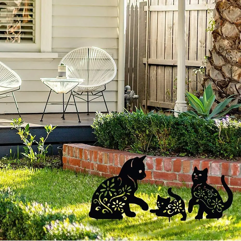 Set of 3 Metal Cat Decorative Garden Stakes Black Cat Silhouette Stake for Yard for Living Room/Home Decoration