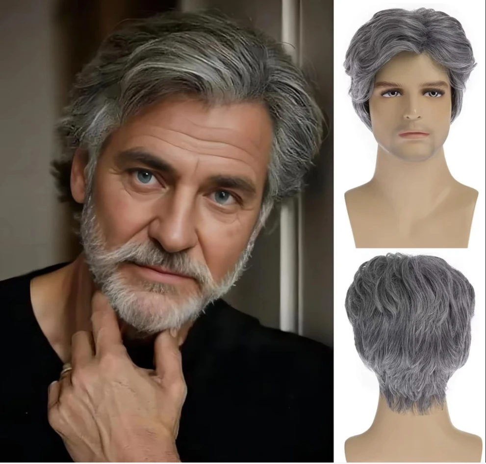 

Synthetic Short Wigs with Bangs Grey Ombre Curly Hair for Men Daily Use Soft Breathable Wig