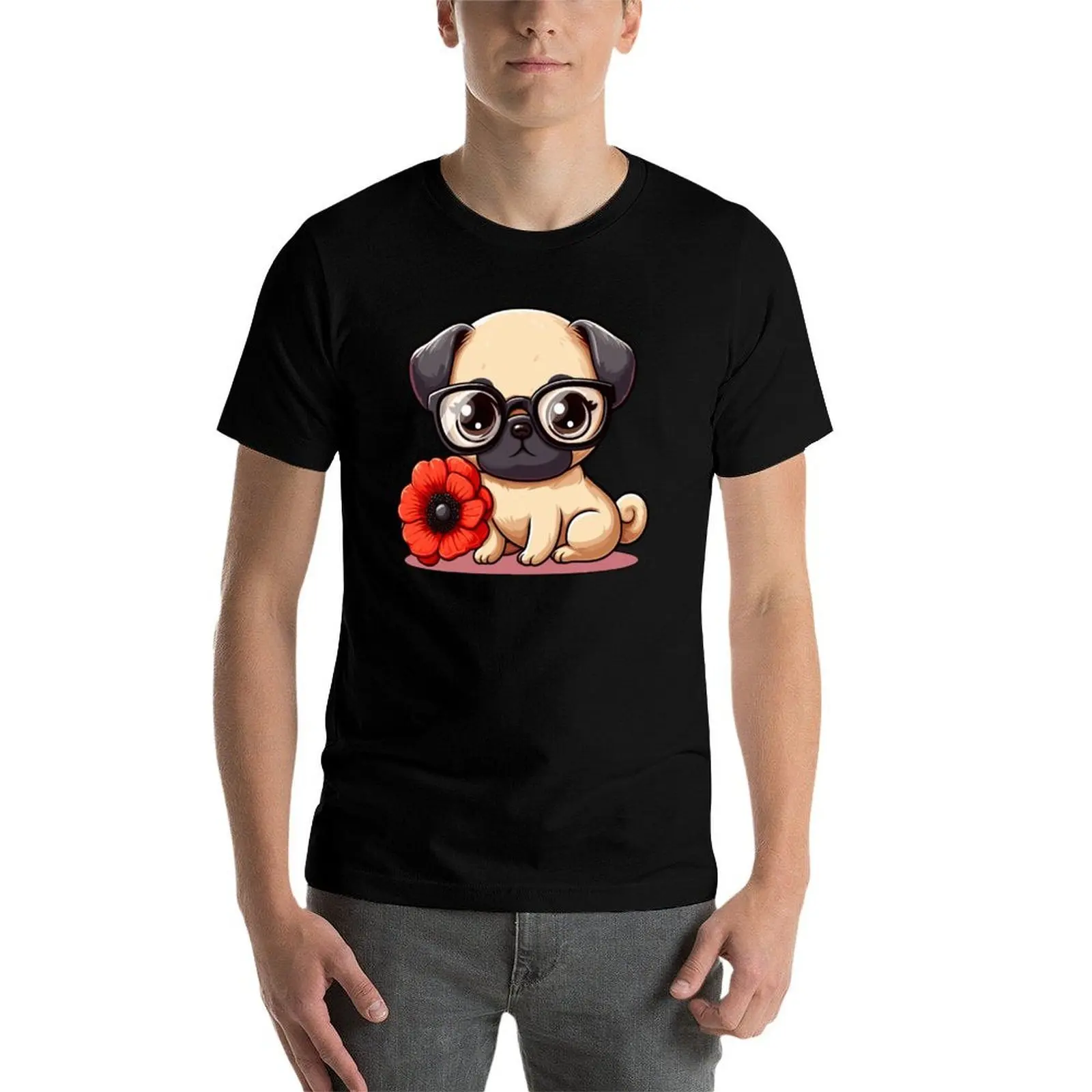 Cute Pug puppy in cartoon with glasses and flowers 2 T-Shirt No Iron Casual Short Sleeve Top view 3