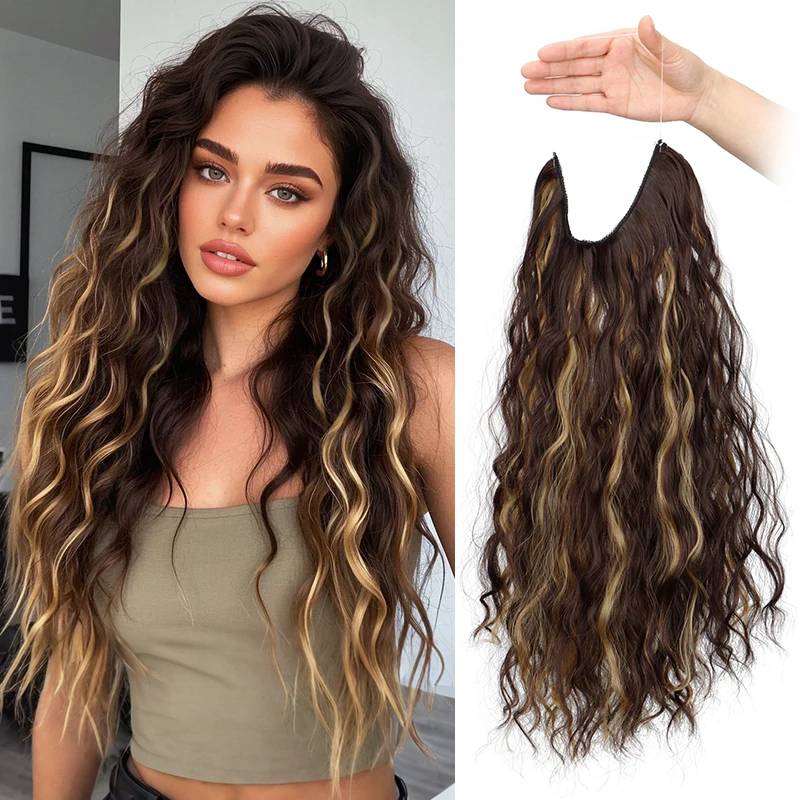 Long Synthetic Fishing Line Hair Extensions Elegant Water Wave Curly Styles for Women Lightweight fluffy-Looking Hairpiece image 6