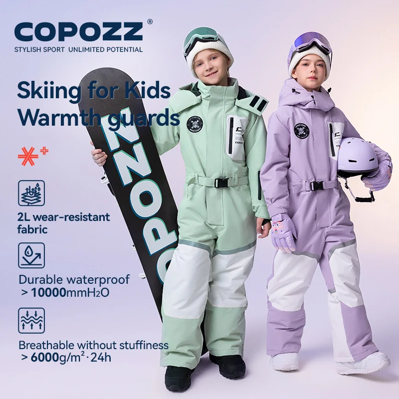 

2024 COPOZZ детский цельный лыжный комбинезон для спорта на открытом воздухе, сноубордический комбинезон, водонепроницаемый зимний лыжный костюм, комбинезон с капюшоном для детей