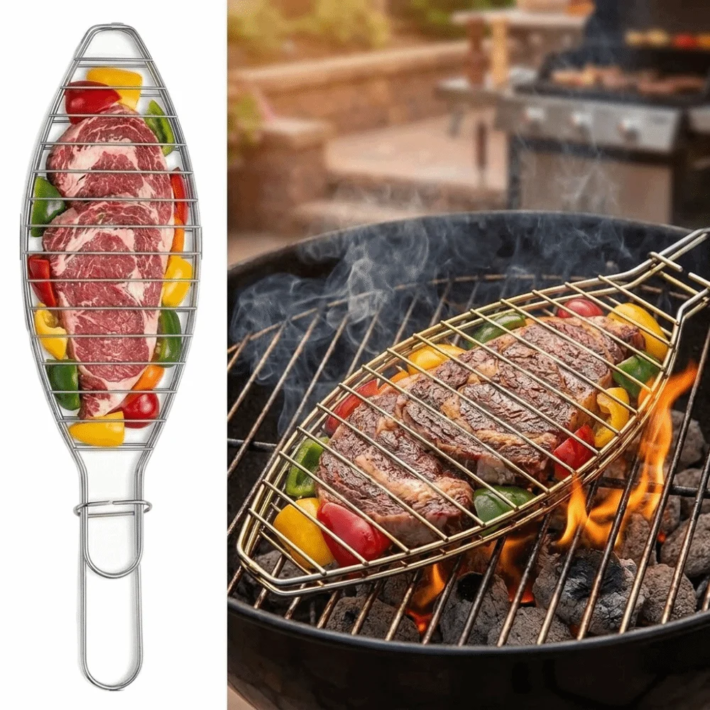 Versatile Fish-Shaped Iron Fish Grill Rack Wire Grid Long Handle BBQ Grill Clip Sliding Lock 42cm Grill Rack Outdoor Cooking