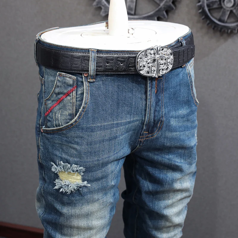 Italian Style Fashion Men Jeans Retro Blue Elastic Slim Fit Hole Ripped Jeans Men Vintage Designer Trousers Denim Pants Hombre
