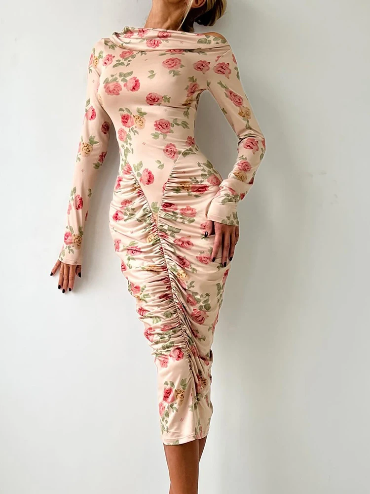 

JULISSA MO Sexy One Shoulder Print Floral Draped Women Dress Black Long Sleeve Mid Dress Autumn Slim Elegant Party Evening Dress