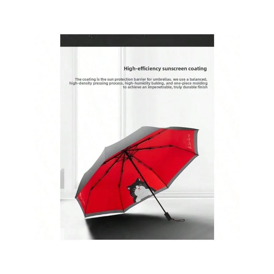 

*High-End Aesthetic Folding Umbrella For Women, UV Protection Black Coating Sunshade, Cute Cartoon 3-Fold Parasol For Sun And R