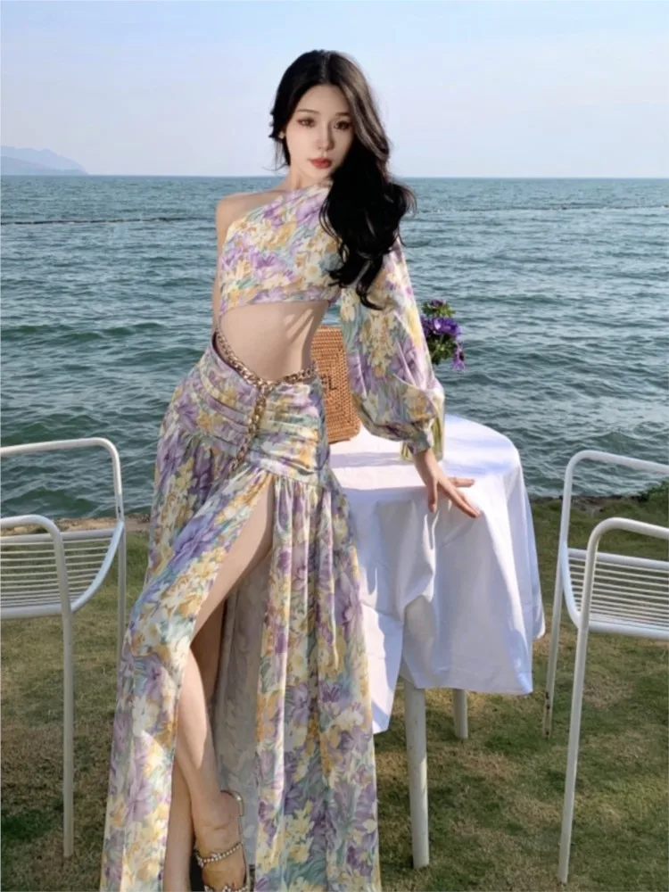 Seaside Holiday Beach Dress Long Skirt Irregular Shoulder Sleeve Midriff Outfit Floral for Women Season