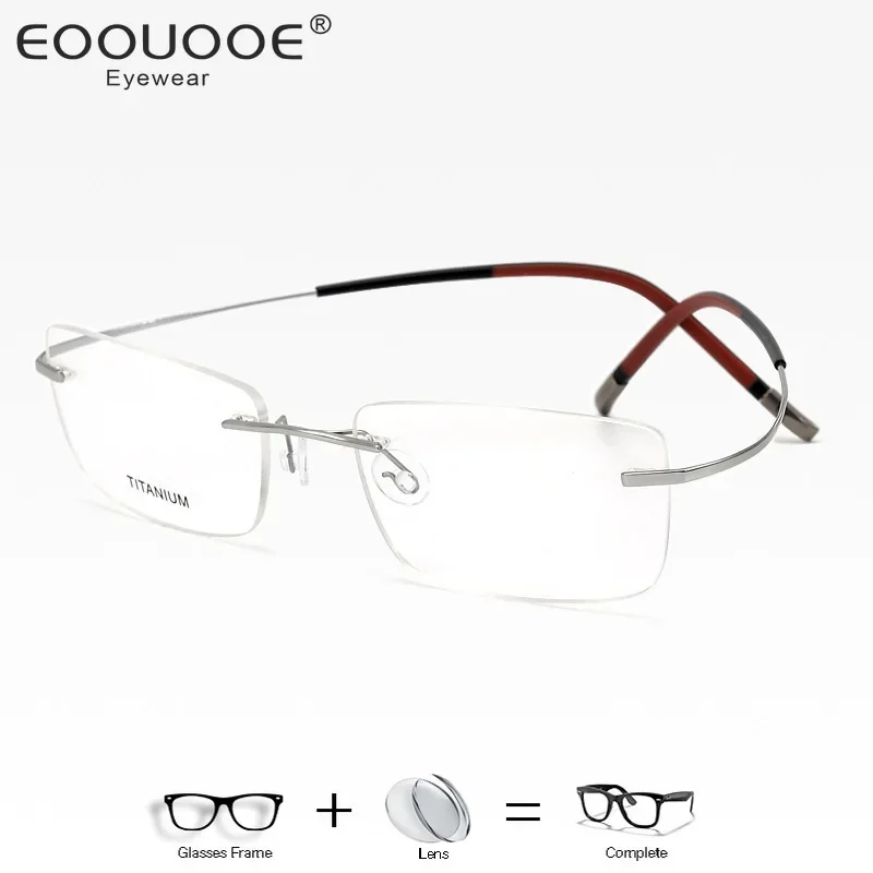 Man's Frameless Prescription Glasses with Lenses 100% Pure Titanium Square Frames Super Rlastic Temple Rimless Glasses 7577