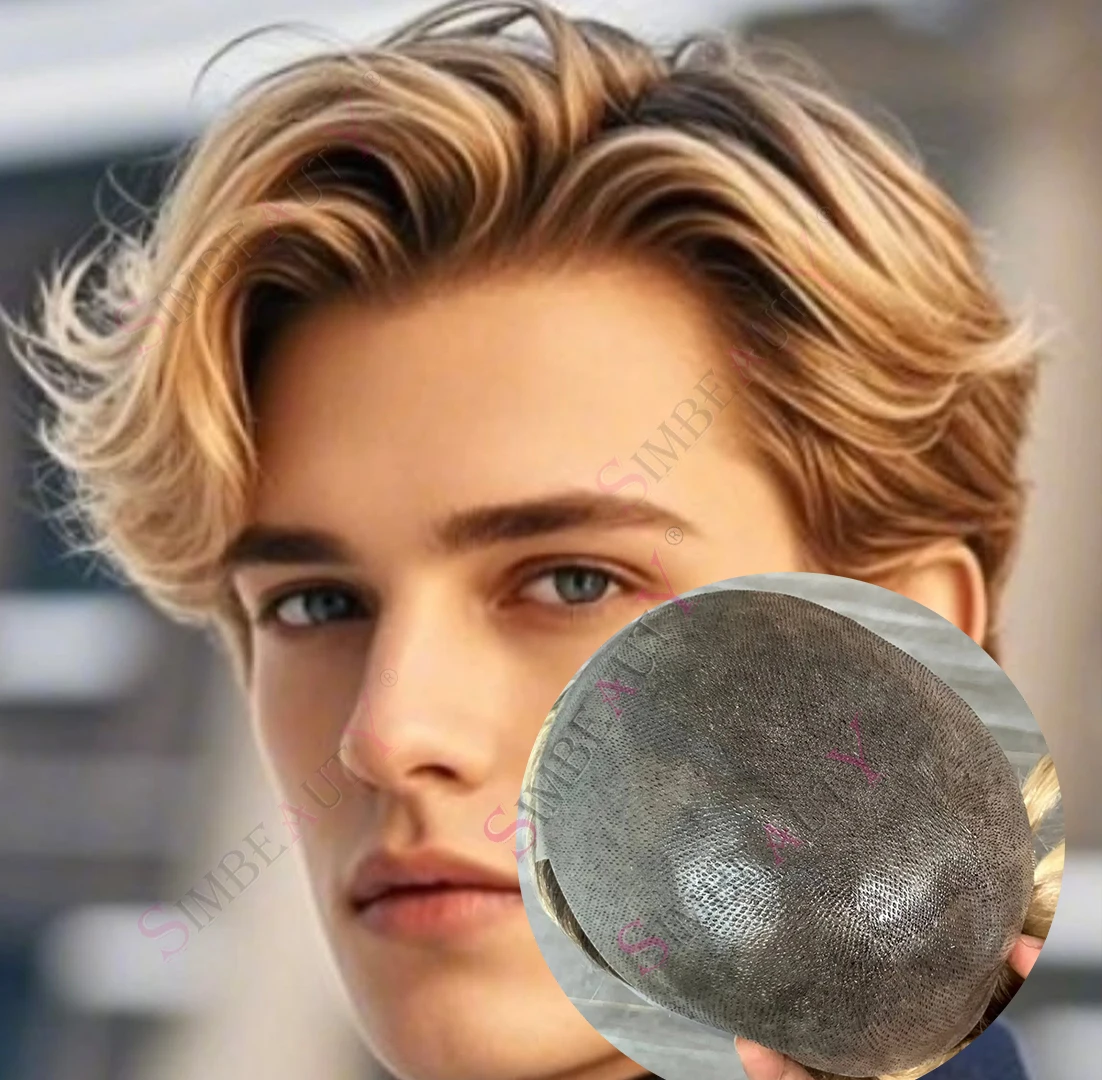 

Men's #17#18 Blonde Brown Roots Ombre Wigs Men's Toupee Human Hair V-looped Full PU 0.06mm Skin Base Male Hair Prosthesi System
