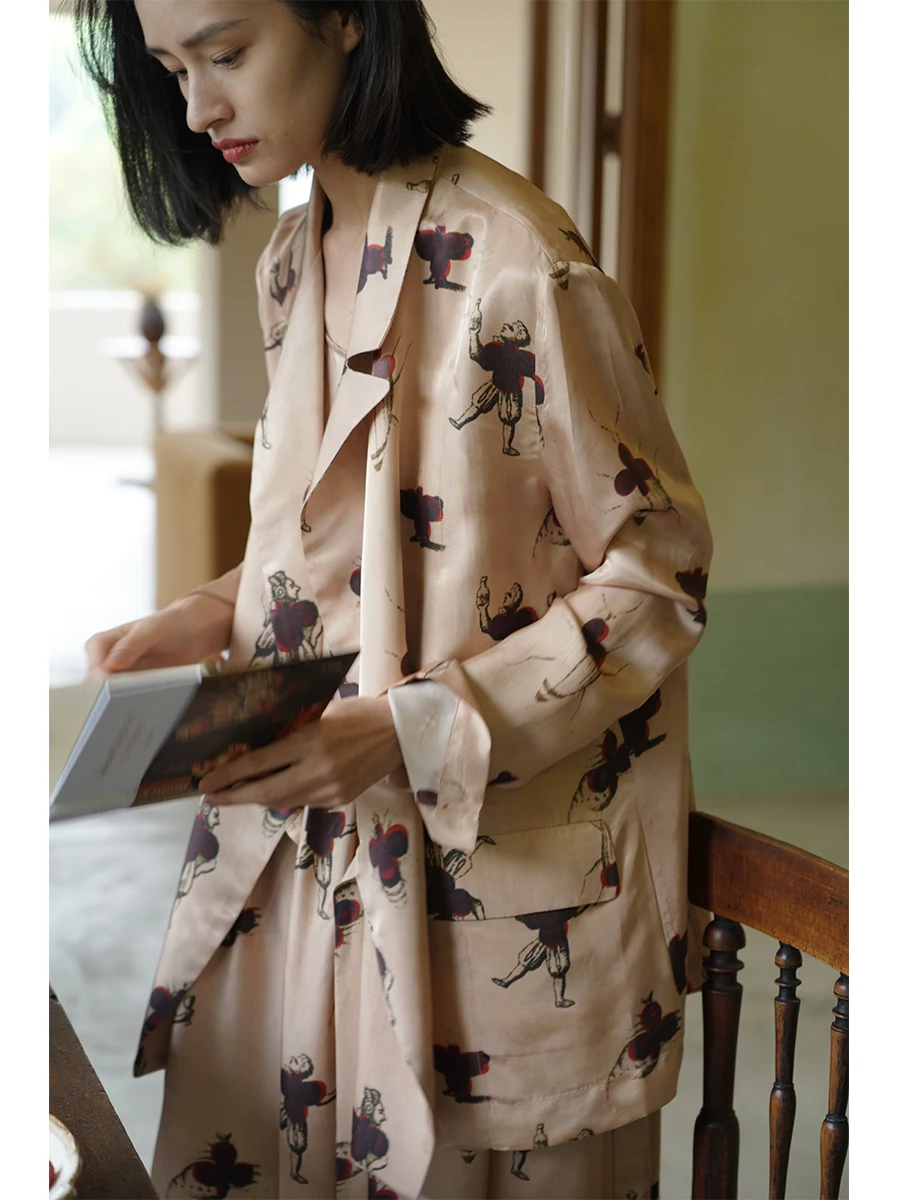 Retro Floral Print Long Sleeve Suit Jacket Women's Cool Sun Protection Outerwear Copper Ammonia Silk Cardigan Spring Summer