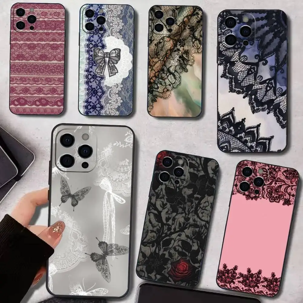 Lace Texture Print Phone Case For iPhone 17,16,15,14,13,12,11 Plus,Pro Max,XS,Soft Black Cover